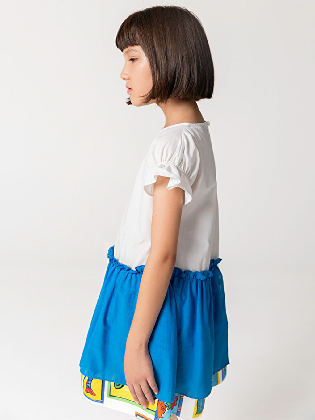 Mavi Yarım Kollu Pamuklu Balık Desenli Kız Çocuk Elbise-2