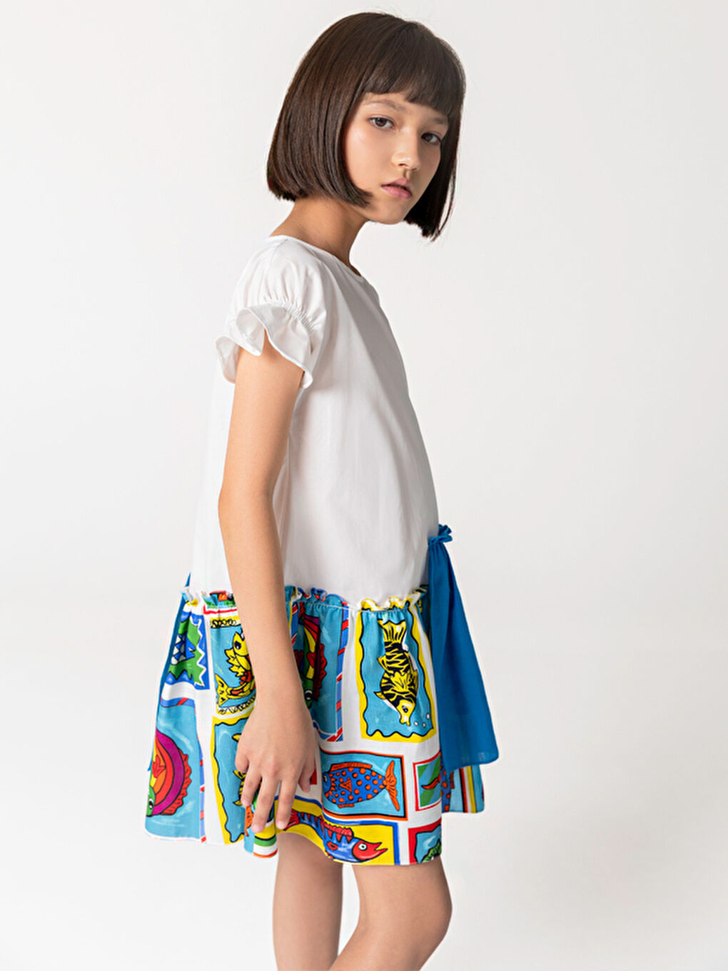 Mavi Yarım Kollu Pamuklu Balık Desenli Kız Çocuk Elbise-3