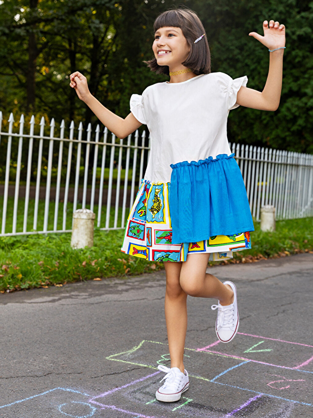 Mavi Yarım Kollu Pamuklu Balık Desenli Kız Çocuk Elbise-4