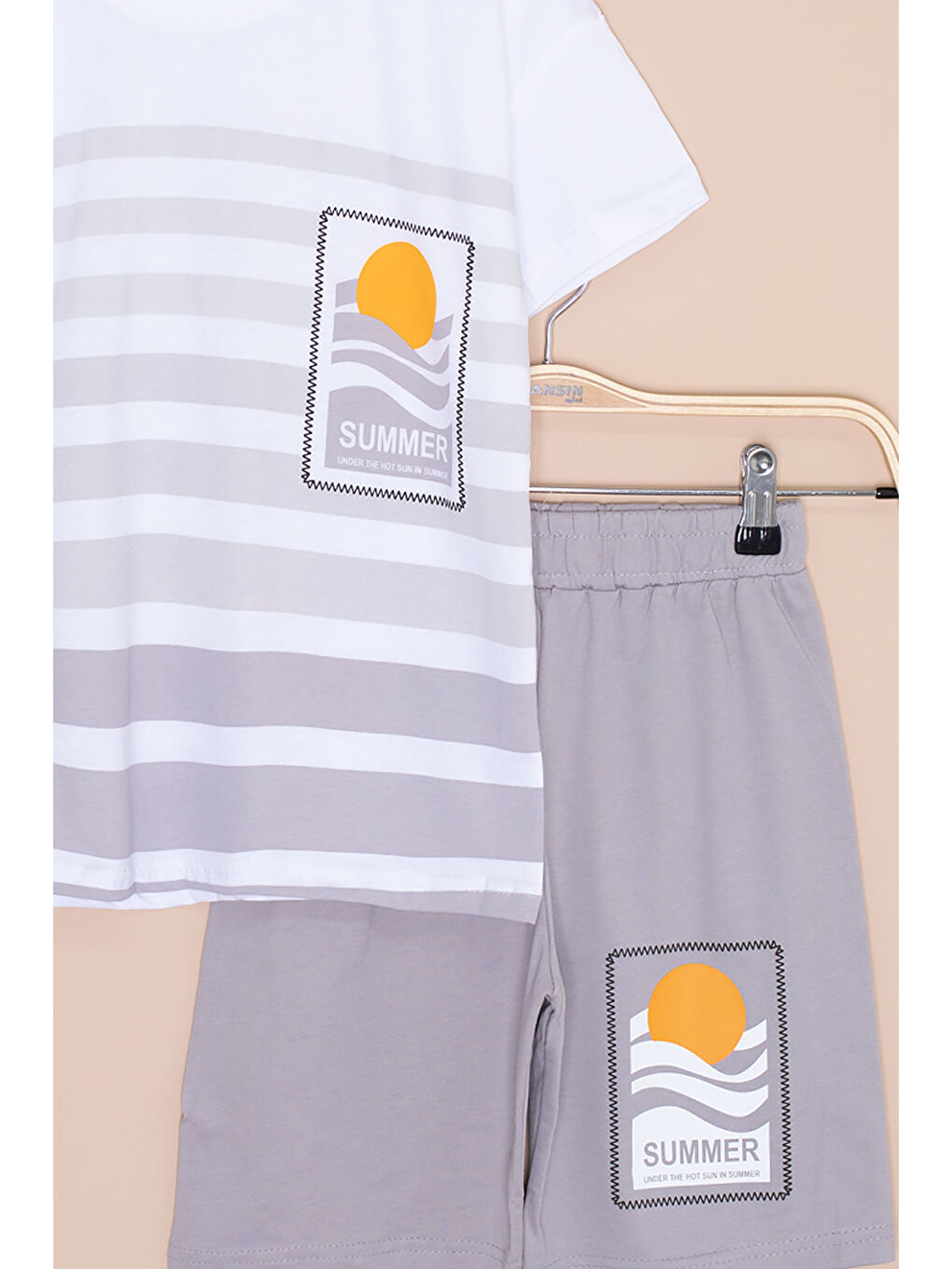 Gri Çizgi Desenli Summer Baskı Erkek Çocuk Şortlu Takım 20649-2