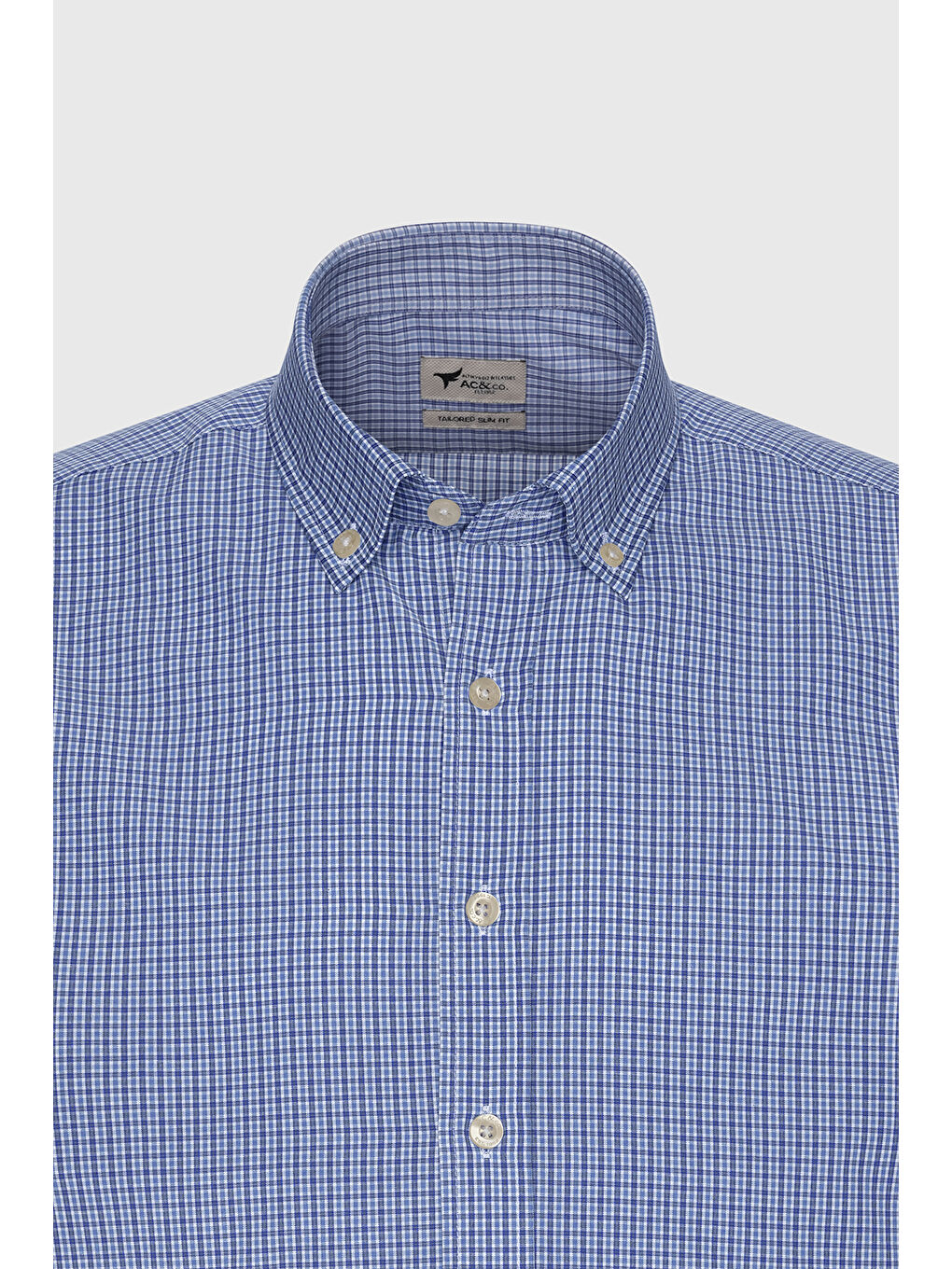 Erkek Mavi Slim Fit Dar Kesim Düğmeli Yaka Pamuklu Kareli Gömlek-6