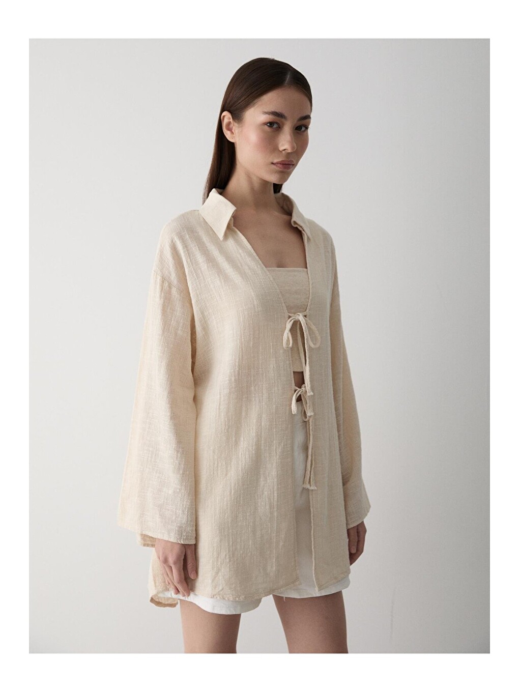 Bej Taş %100 Pamuk Keten Bağcık Detaylı Kimono Bluz-2