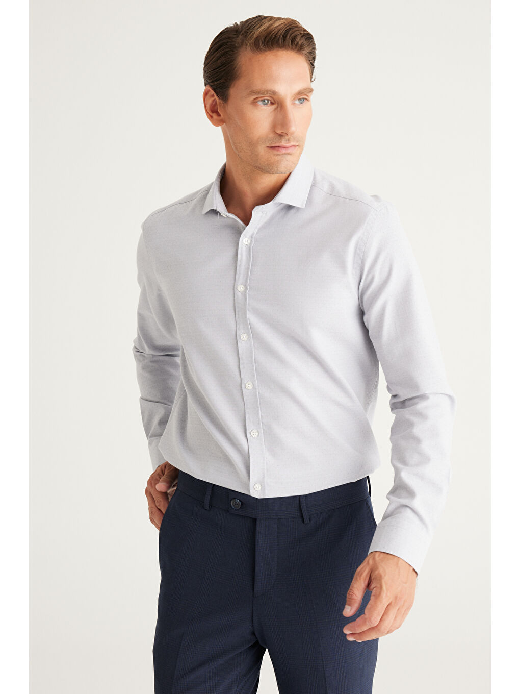 Erkek Gri Slim Fit Dar Kesim İtalyan Yaka Organik Pamuk Karışımlı Gömlek-2