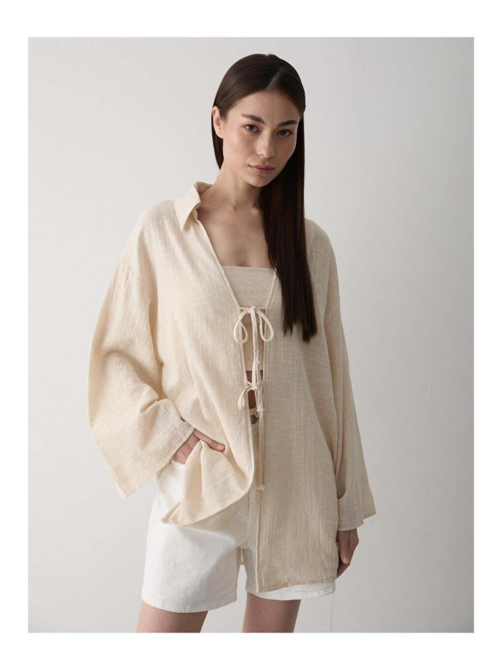 Bej Taş %100 Pamuk Keten Bağcık Detaylı Kimono Bluz-3