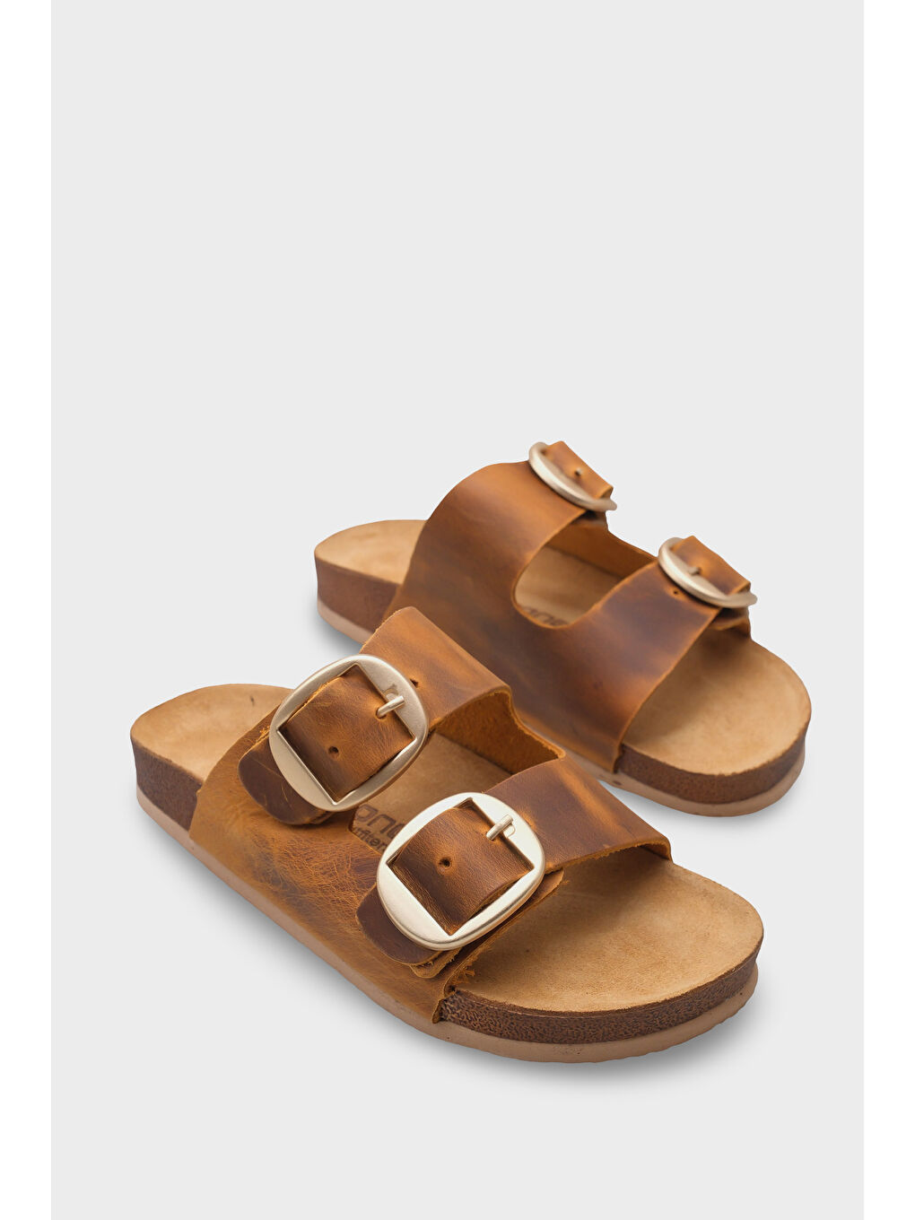 Kahverengi Cathie İki Büyük Tokalı Anatomik Mantar Tabanlı Deri Terlik-1