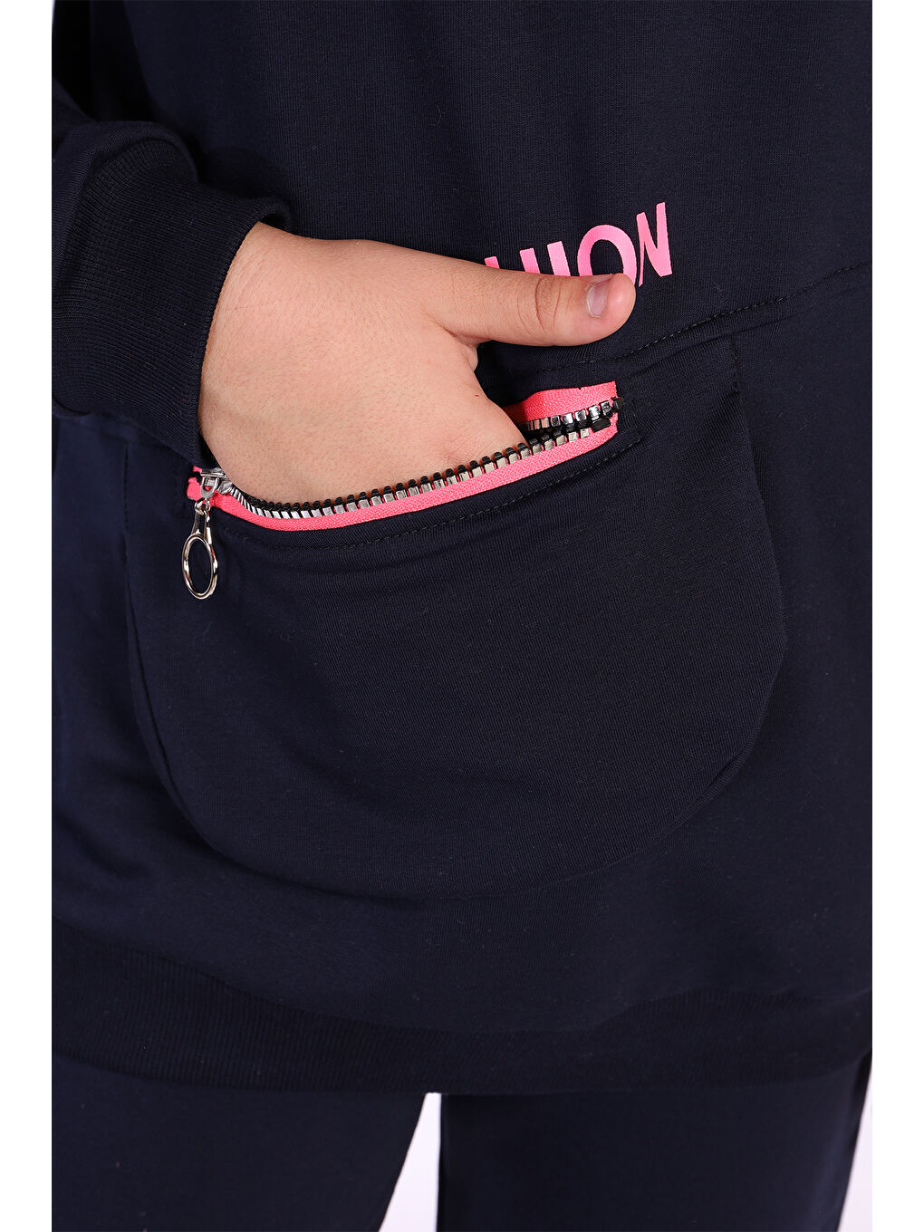 Lacivert Kız Çocuk Cep Detaylı Baskılı Eşofman Takımı-1