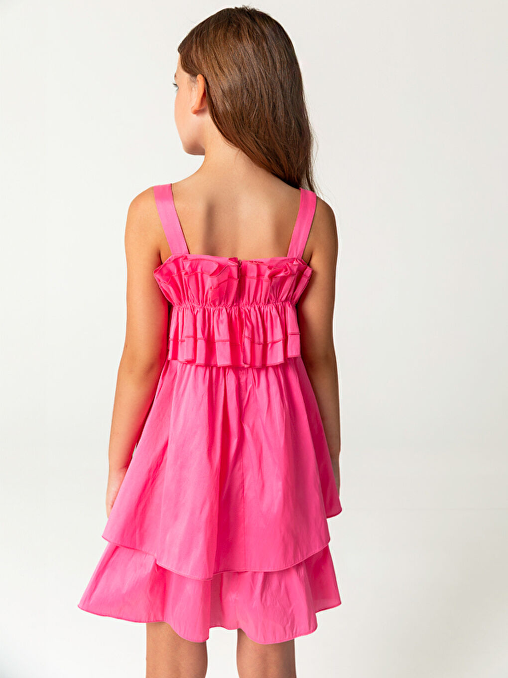 Fırfır Göğüs Detaylı Pembe Askılı Kız Çocuk Elbise-1