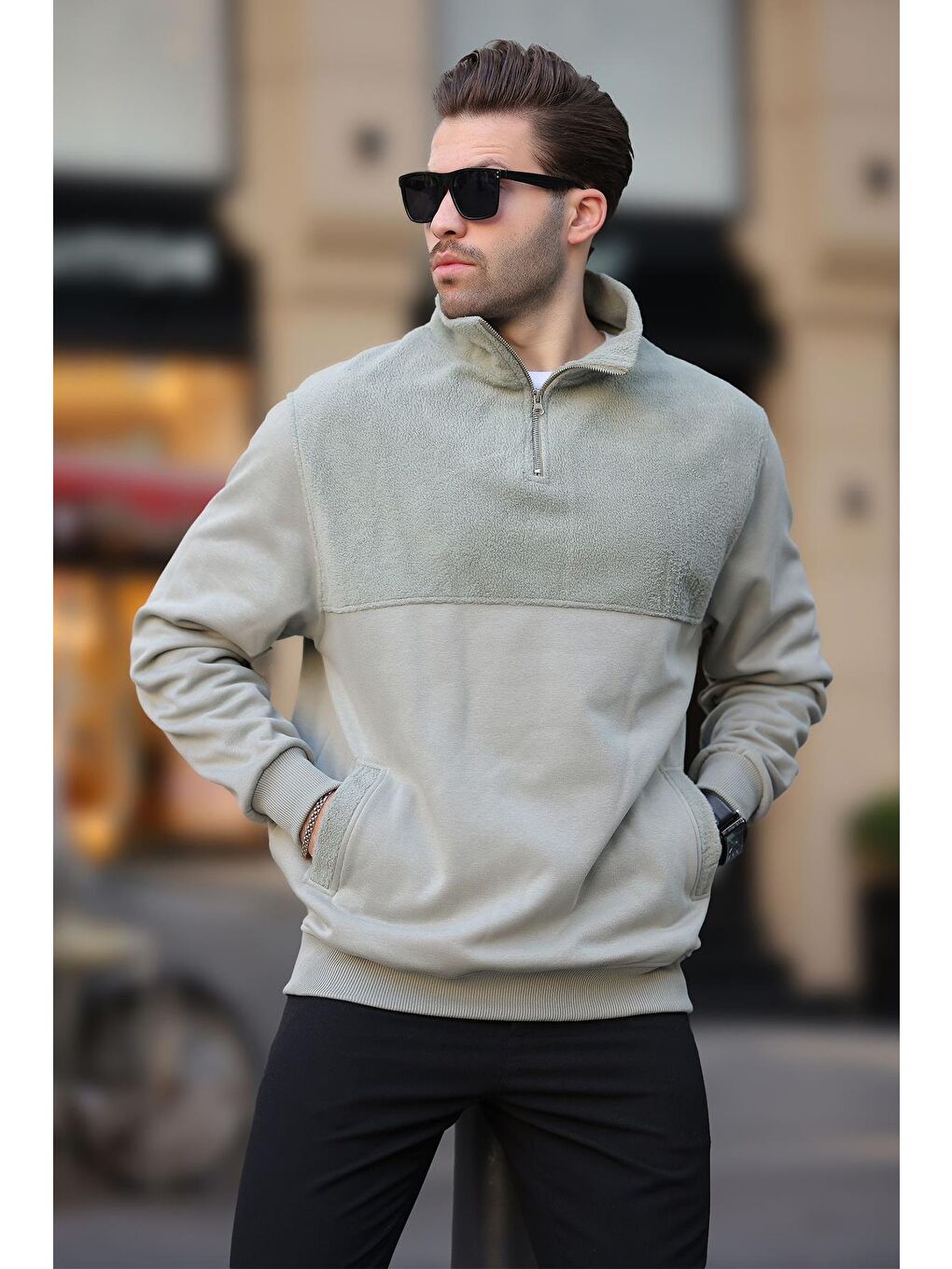 Madmext Çağla Yeşili Dik Yaka Yarım Fermuarlı Polar Sweatshirt 7096 - 1