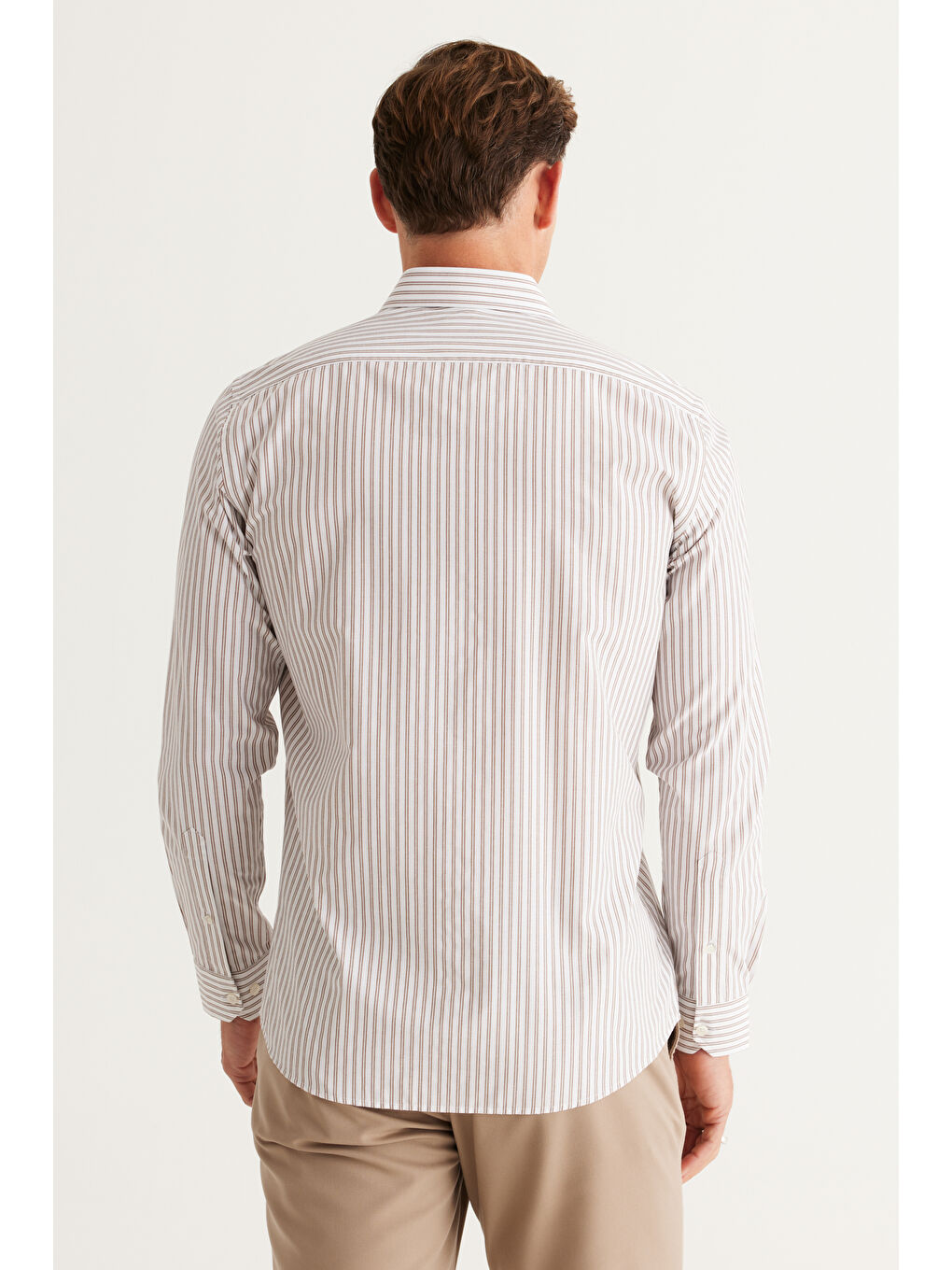 Erkek Beyaz-Kahve Slim Fit Dar Kesim Düğmeli Yaka Pamuklu Çizgili Gömlek-5