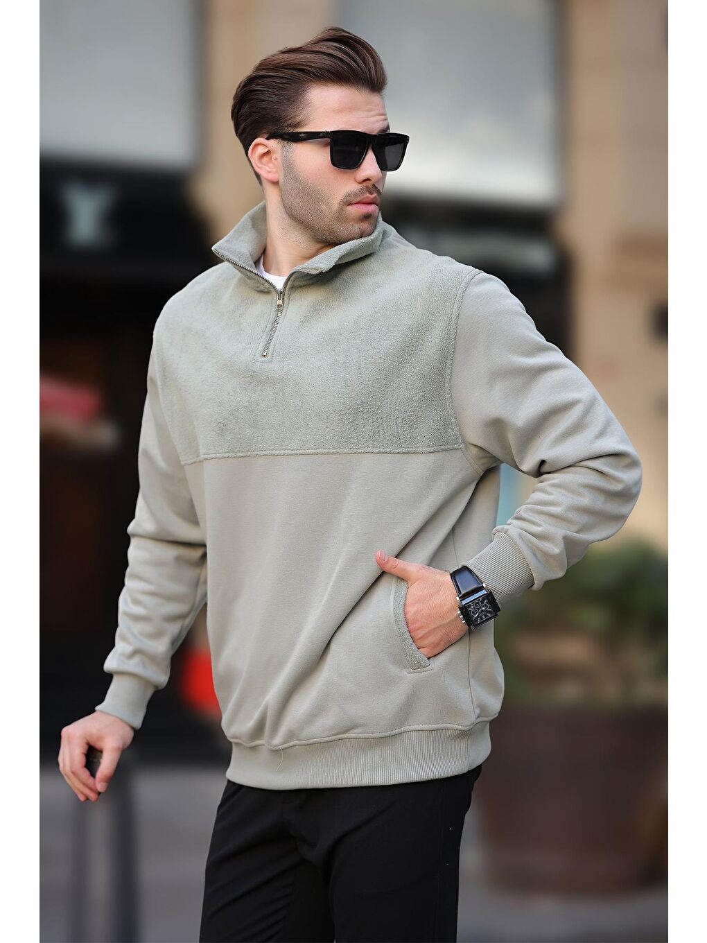 Madmext Çağla Yeşili Dik Yaka Yarım Fermuarlı Polar Sweatshirt 7096 - 2