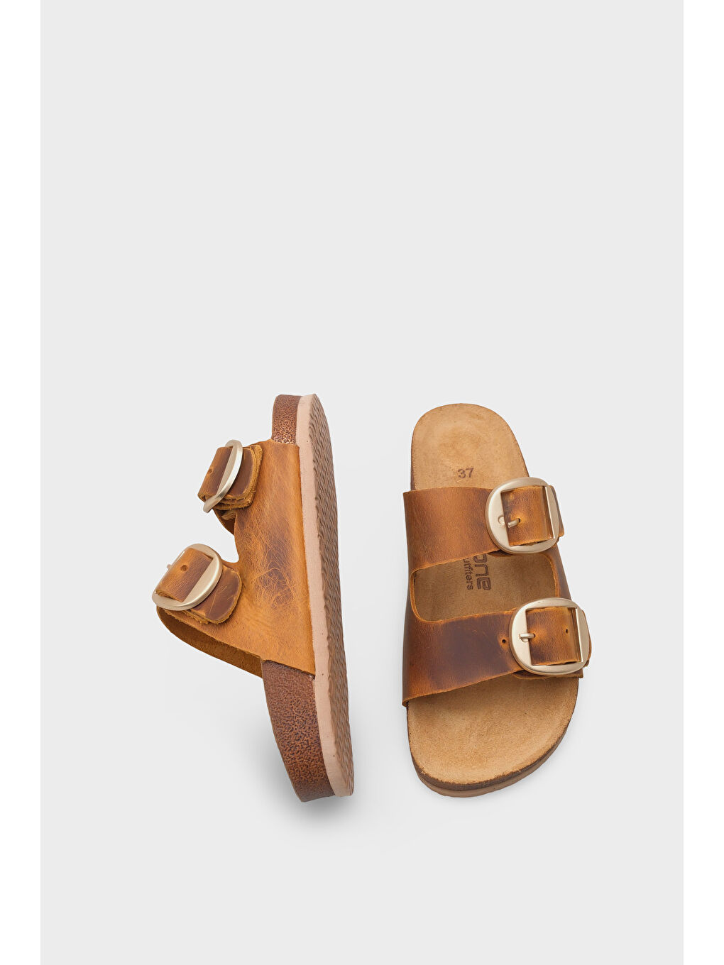 Kahverengi Cathie İki Büyük Tokalı Anatomik Mantar Tabanlı Deri Terlik-4