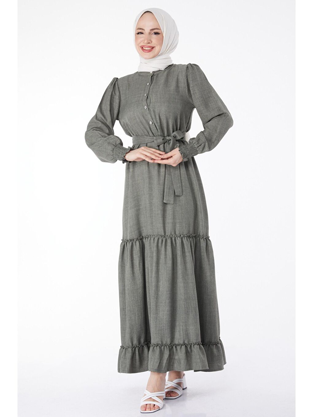 Hakim Yaka Kadın Haki Düğmeli Kuşaklı Elbise - 24959-1