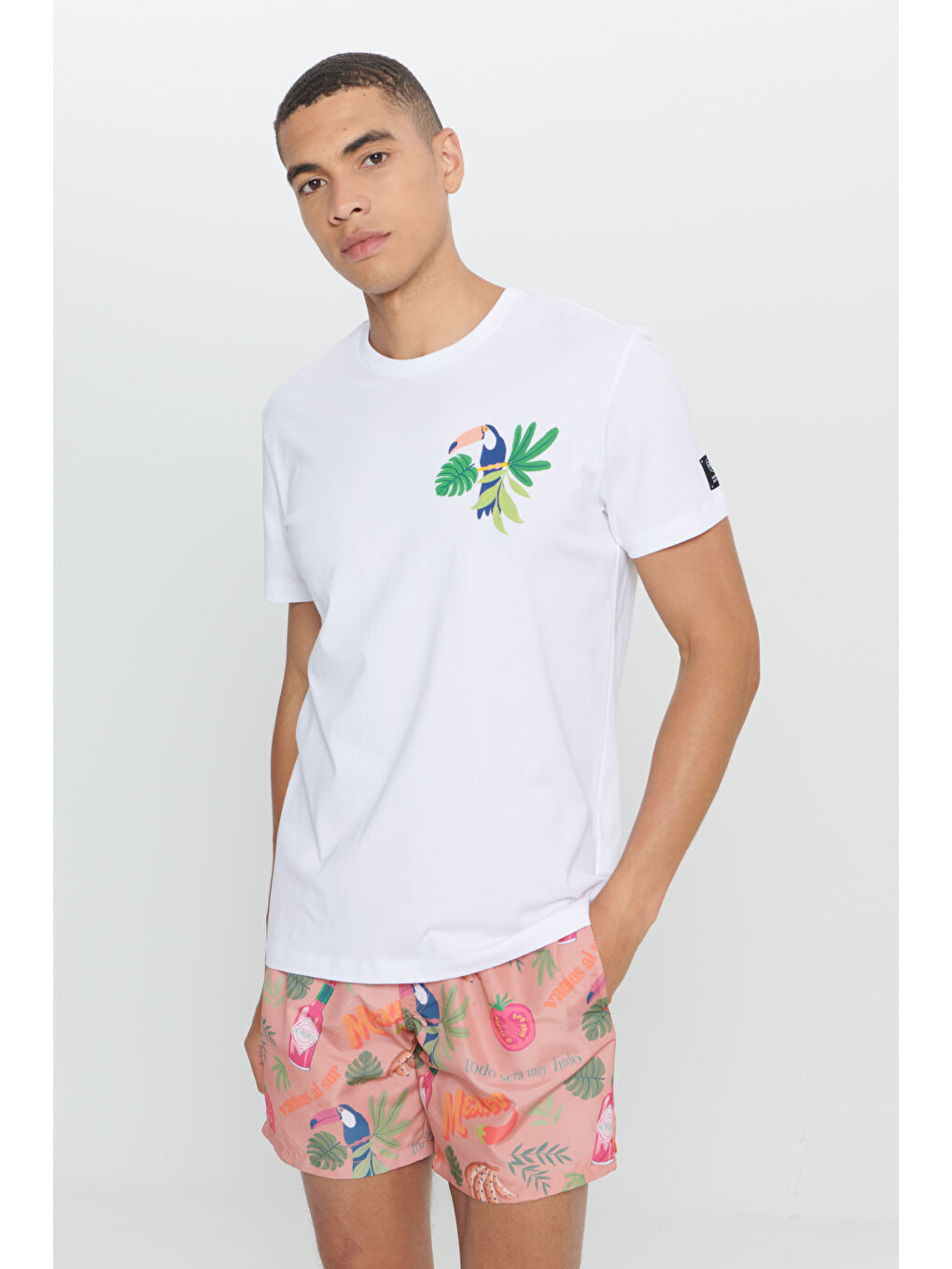 Erkek Beyaz Standart Fit Normal Kesim %100 Pamuk Baskılı Bisiklet Yaka Tişört-3