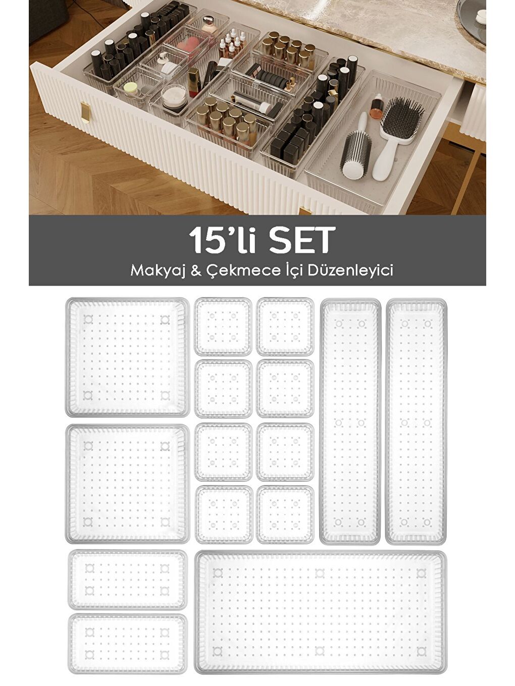 15'li Çekmece İçi Çok Amaçlı Organizer Kozmetik Takı Makyaj Organizeri Dolap İçi Düzenleyici Şeffaf