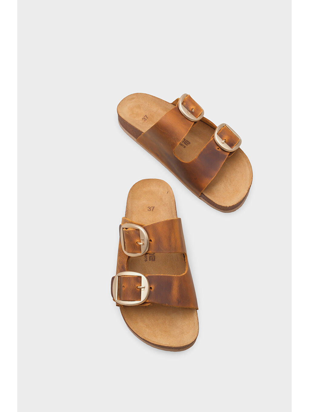 Kahverengi Cathie İki Büyük Tokalı Anatomik Mantar Tabanlı Deri Terlik-5