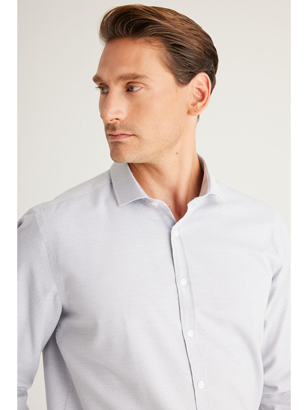 Erkek Gri Slim Fit Dar Kesim İtalyan Yaka Organik Pamuk Karışımlı Gömlek-3
