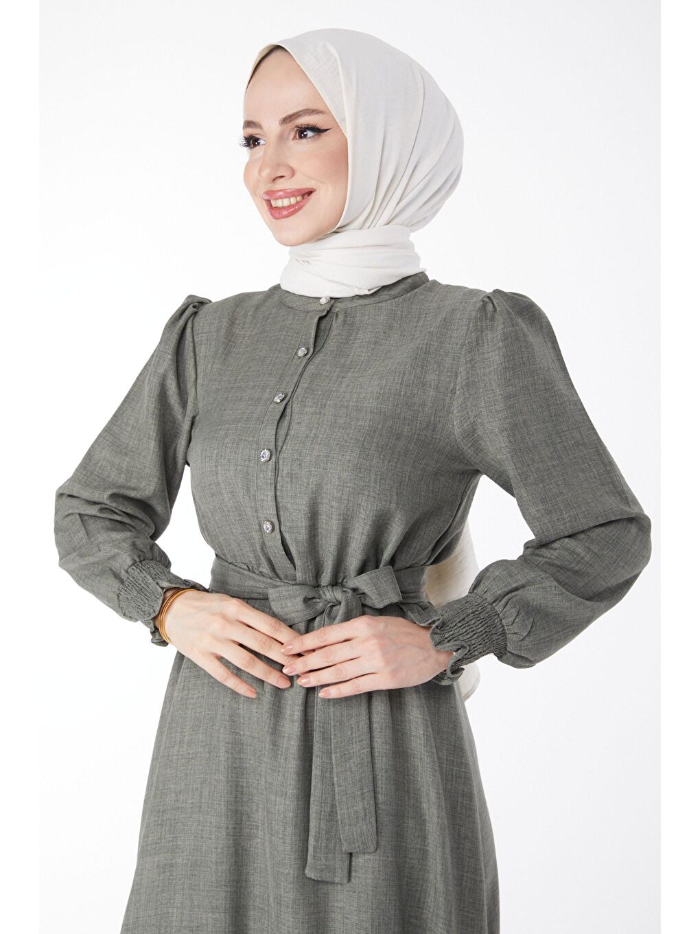 Hakim Yaka Kadın Haki Düğmeli Kuşaklı Elbise - 24959-2