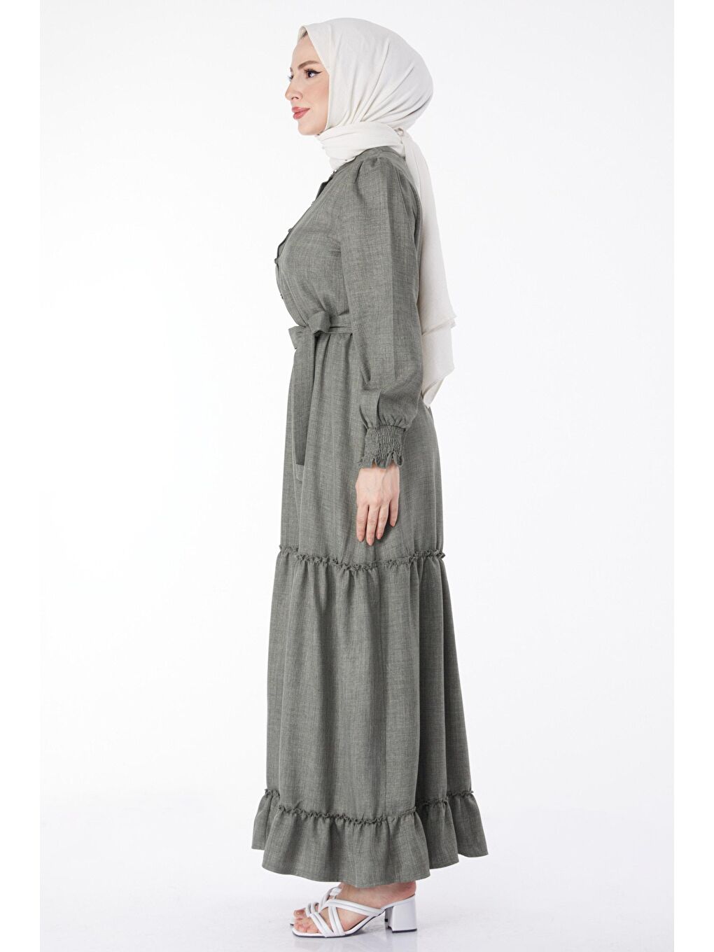 Hakim Yaka Kadın Haki Düğmeli Kuşaklı Elbise - 24959-3