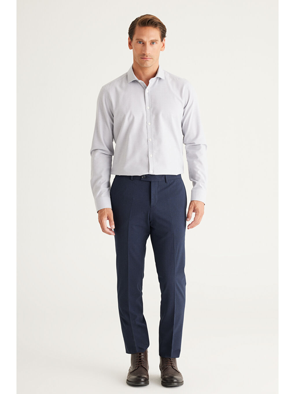 Erkek Gri Slim Fit Dar Kesim İtalyan Yaka Organik Pamuk Karışımlı Gömlek-4