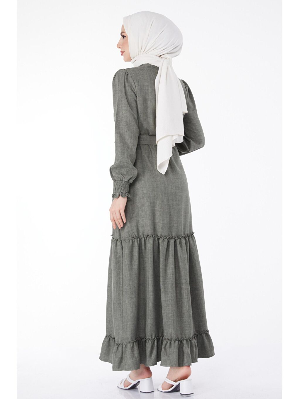 Hakim Yaka Kadın Haki Düğmeli Kuşaklı Elbise - 24959-4