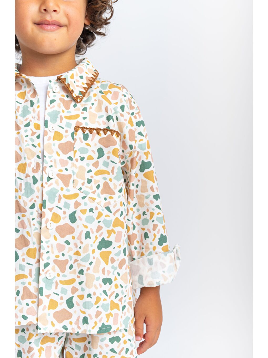 Yaka Ve Cep Nakışlı Poplin Takım 2-7 Yaş Ekru Desen-1