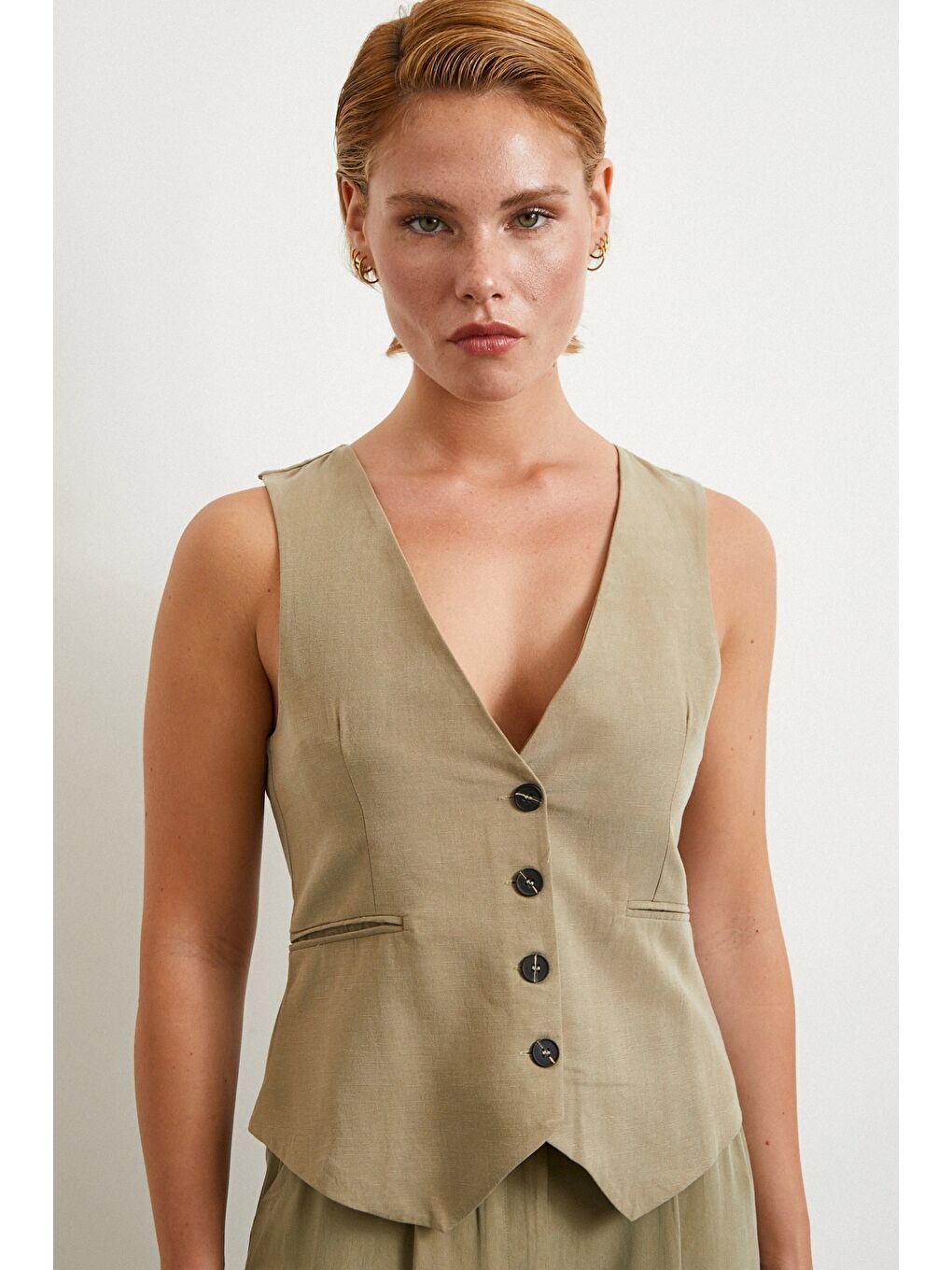 Cep Kapaklı Keten Yelek Haki-2