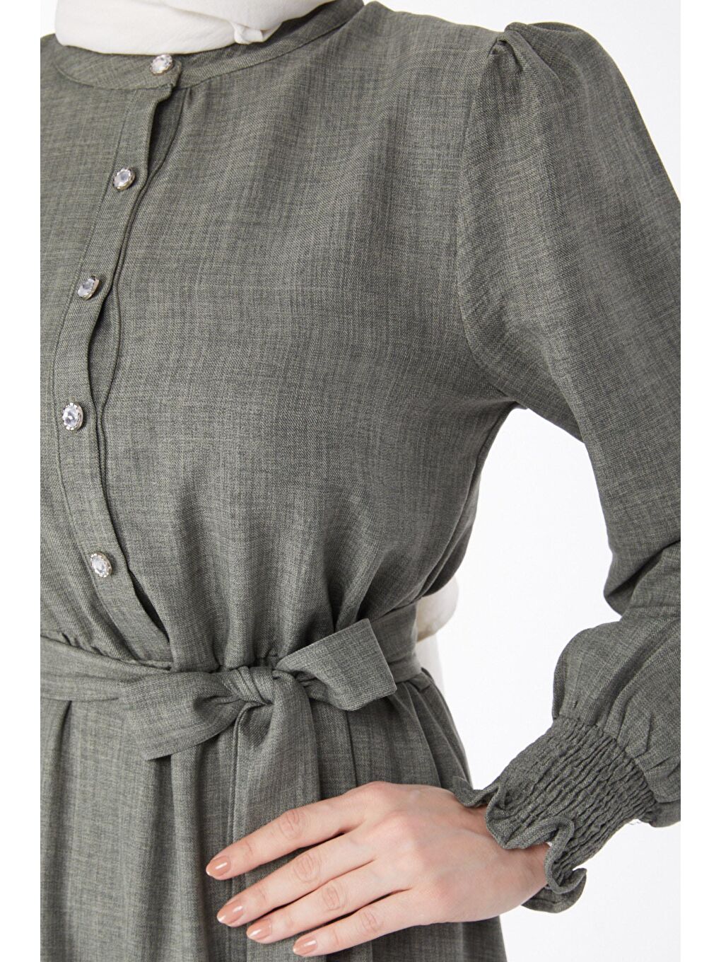 Hakim Yaka Kadın Haki Düğmeli Kuşaklı Elbise - 24959-5