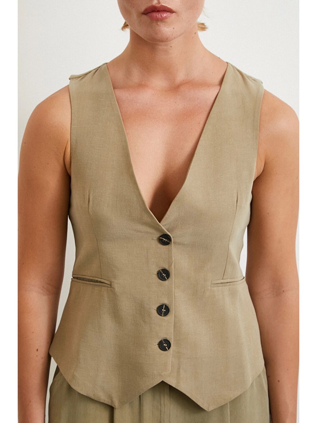 Cep Kapaklı Keten Yelek Haki-3