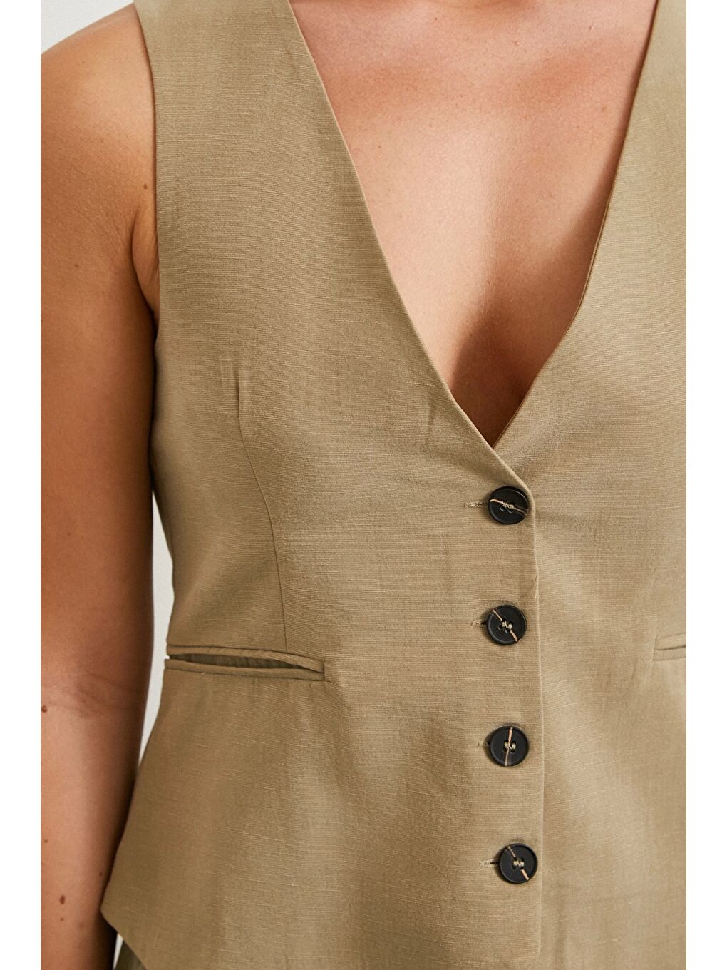 Cep Kapaklı Keten Yelek Haki-4