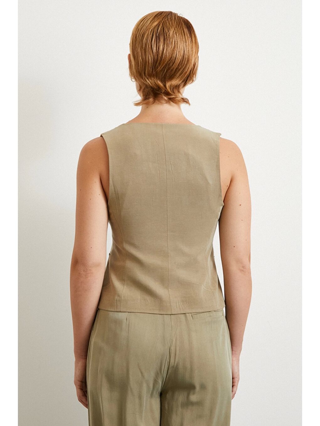 Cep Kapaklı Keten Yelek Haki-5