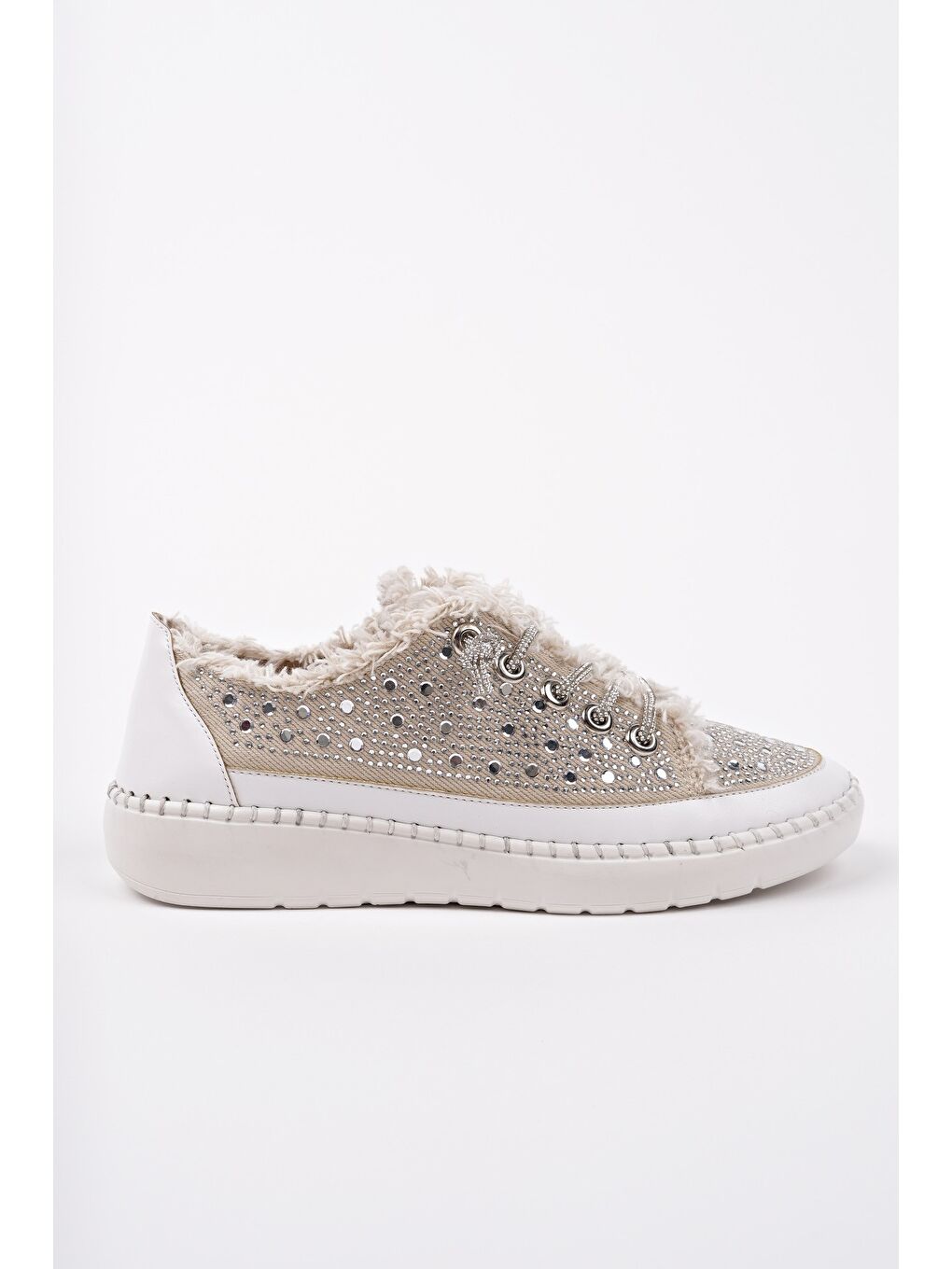 Bej VİENNA Bağcıklı Taşlı Kadın Günlük Denim Sneaker Spor Ayakkabı-1