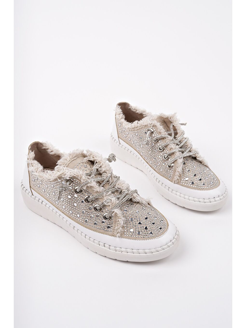 Bej VİENNA Bağcıklı Taşlı Kadın Günlük Denim Sneaker Spor Ayakkabı-2