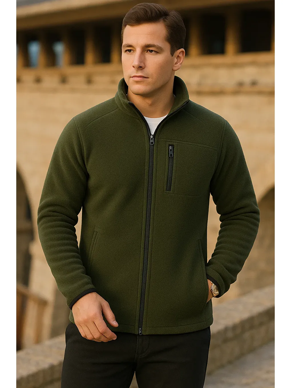 Erkek Kışlık Fermuarlı Trend Cepli Haki Polar Ceket
