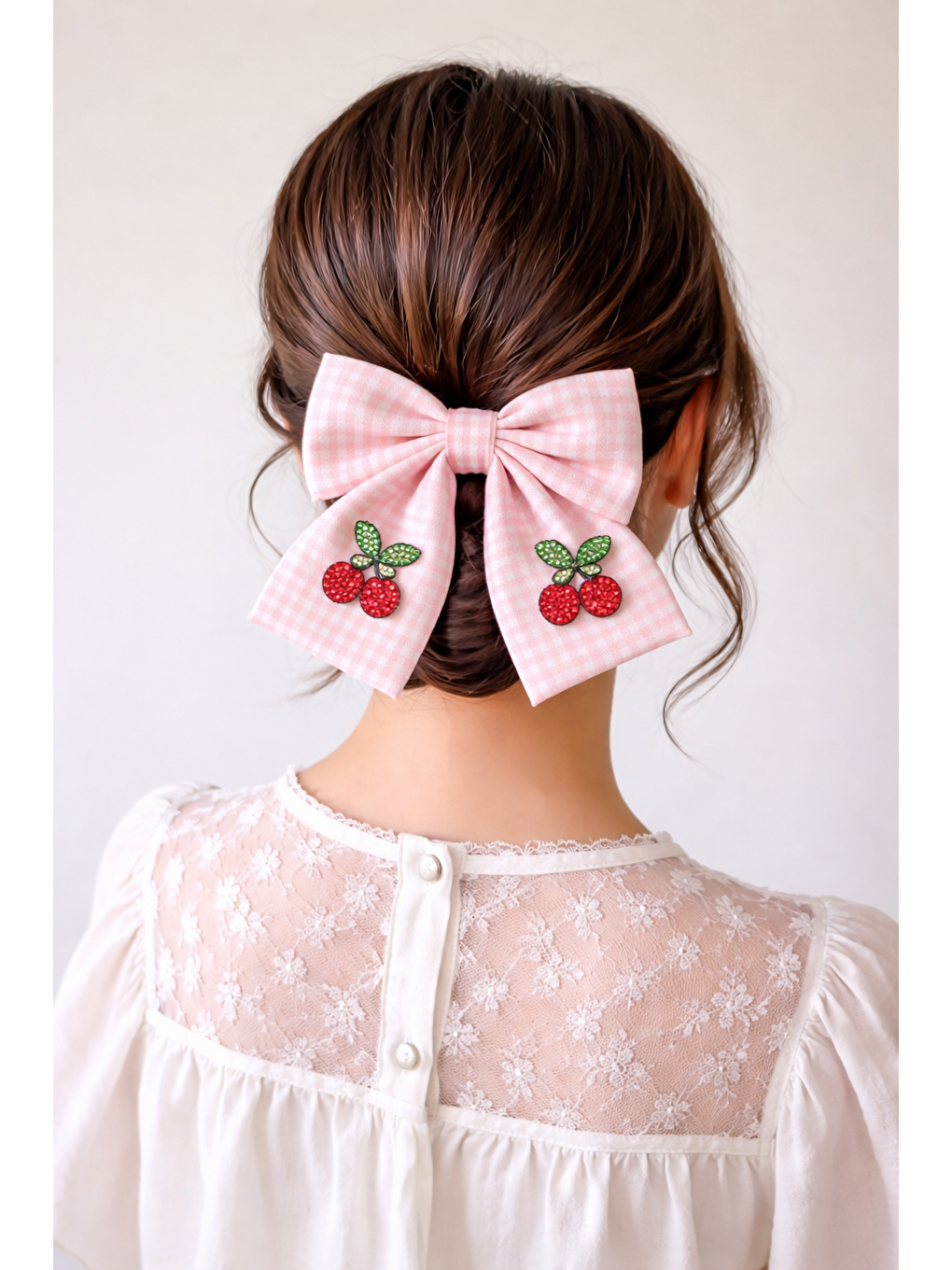 Kiraz Aksesuarlı Pötikareli Fiyonk Otomat Toka Açık Pembe