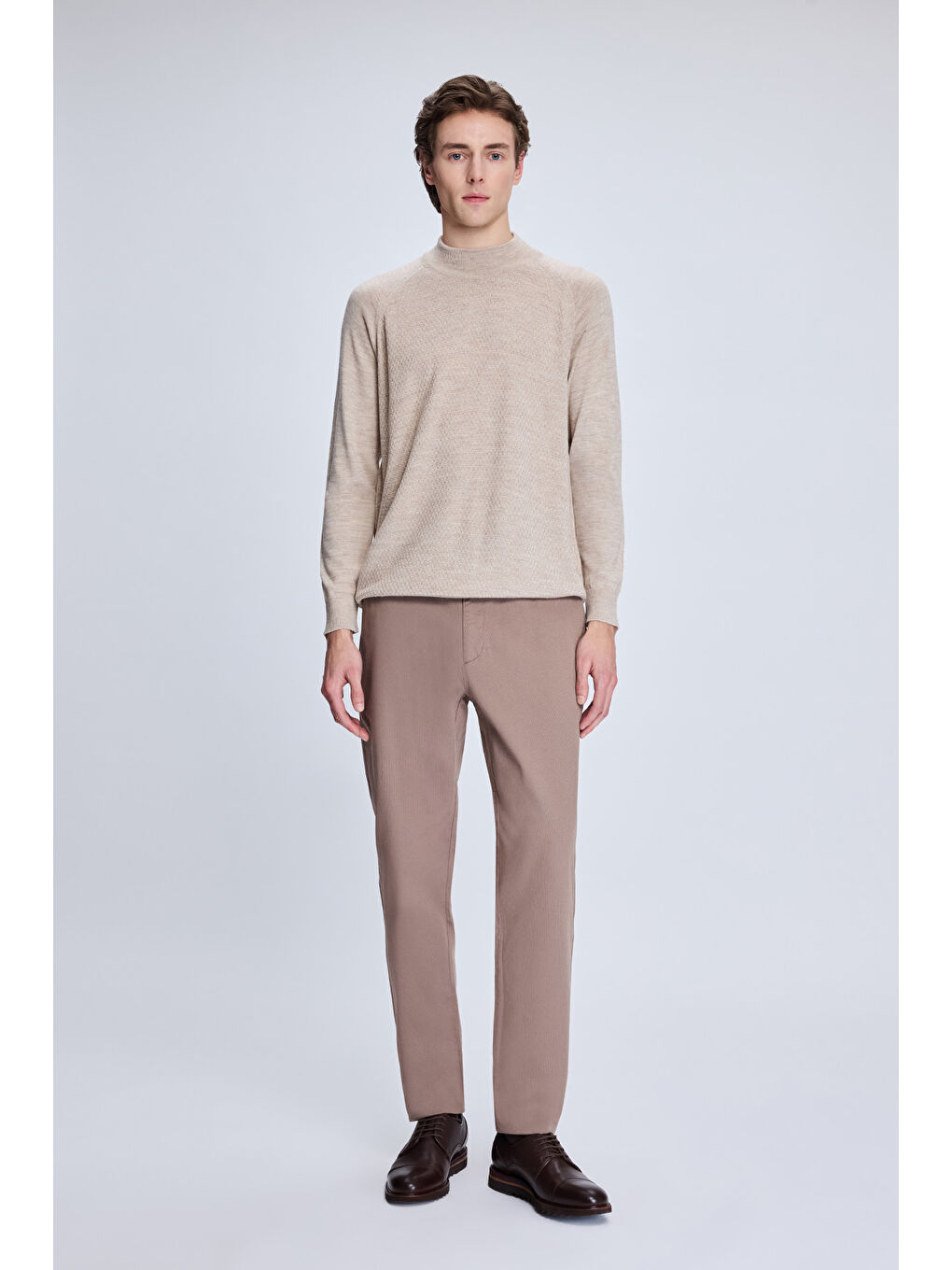 Bej Vizon Regular Fit Jakarlı Yarım Balıkçı Yaka Yünlü Kazak-1