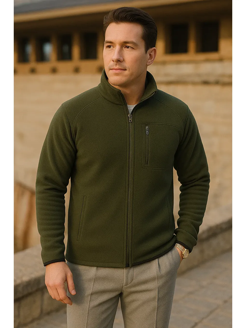 Erkek Kışlık Fermuarlı Trend Cepli Haki Polar Ceket-1
