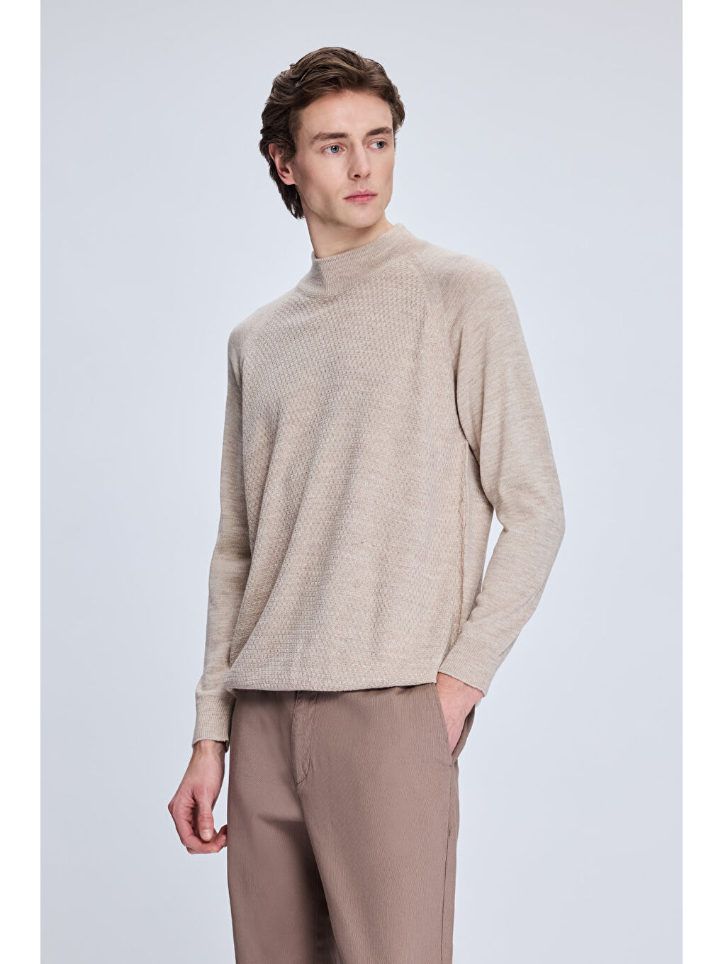 Bej Vizon Regular Fit Jakarlı Yarım Balıkçı Yaka Yünlü Kazak-2