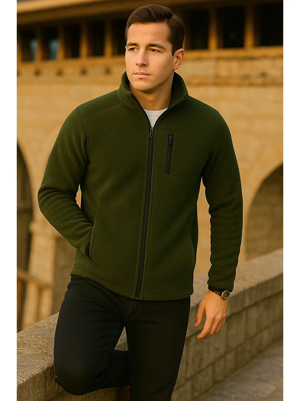 Erkek Kışlık Fermuarlı Trend Cepli Haki Polar Ceket-2
