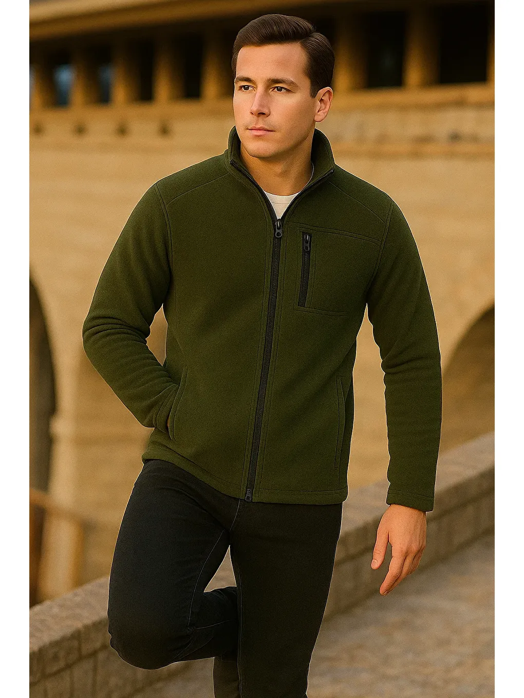 Erkek Kışlık Fermuarlı Trend Cepli Haki Polar Ceket-3