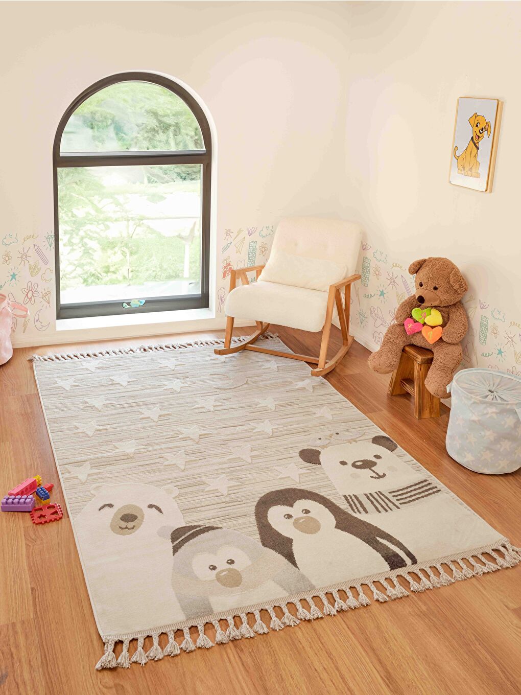 Konfor Halı Karışık Bercario Kids 9271 Yıldızlı Hayvan Figürlü Dokuma Çocuk Odası Yumuşak Bebek Odası Halısı-120x180