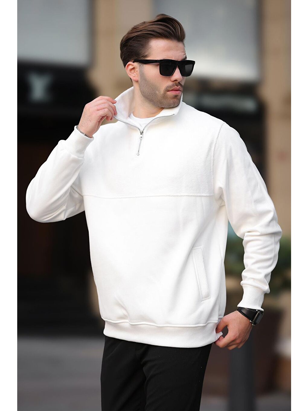 Madmext Ekru Dik Yaka Yarım Fermuarlı Polar Sweatshirt 7096