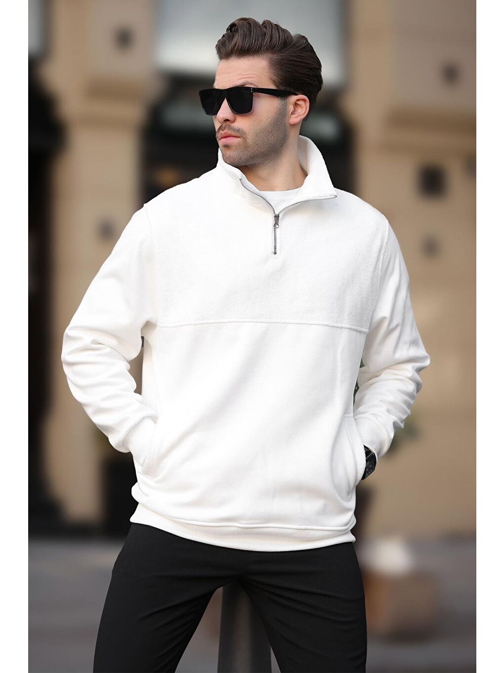 Madmext Ekru Dik Yaka Yarım Fermuarlı Polar Sweatshirt 7096 - 1