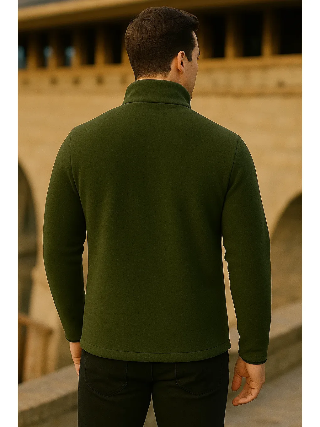 Erkek Kışlık Fermuarlı Trend Cepli Haki Polar Ceket-5