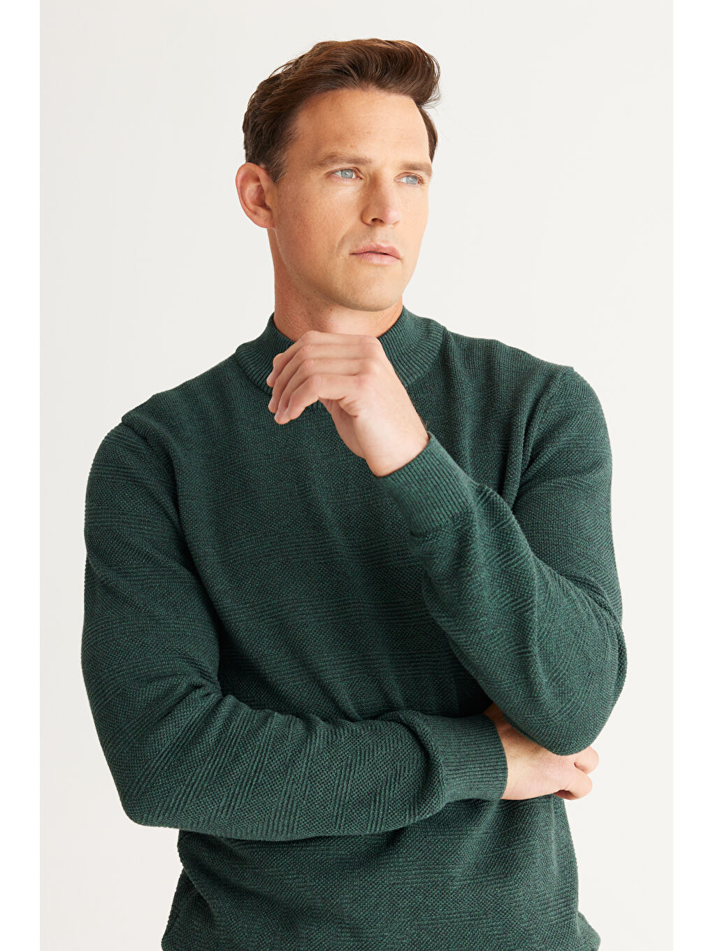 Erkek Yeşil Recycle Standart Fit Normal Kesim Yarım Balıkçı Yaka Pamuklu Jakarlı Triko Kazak-1