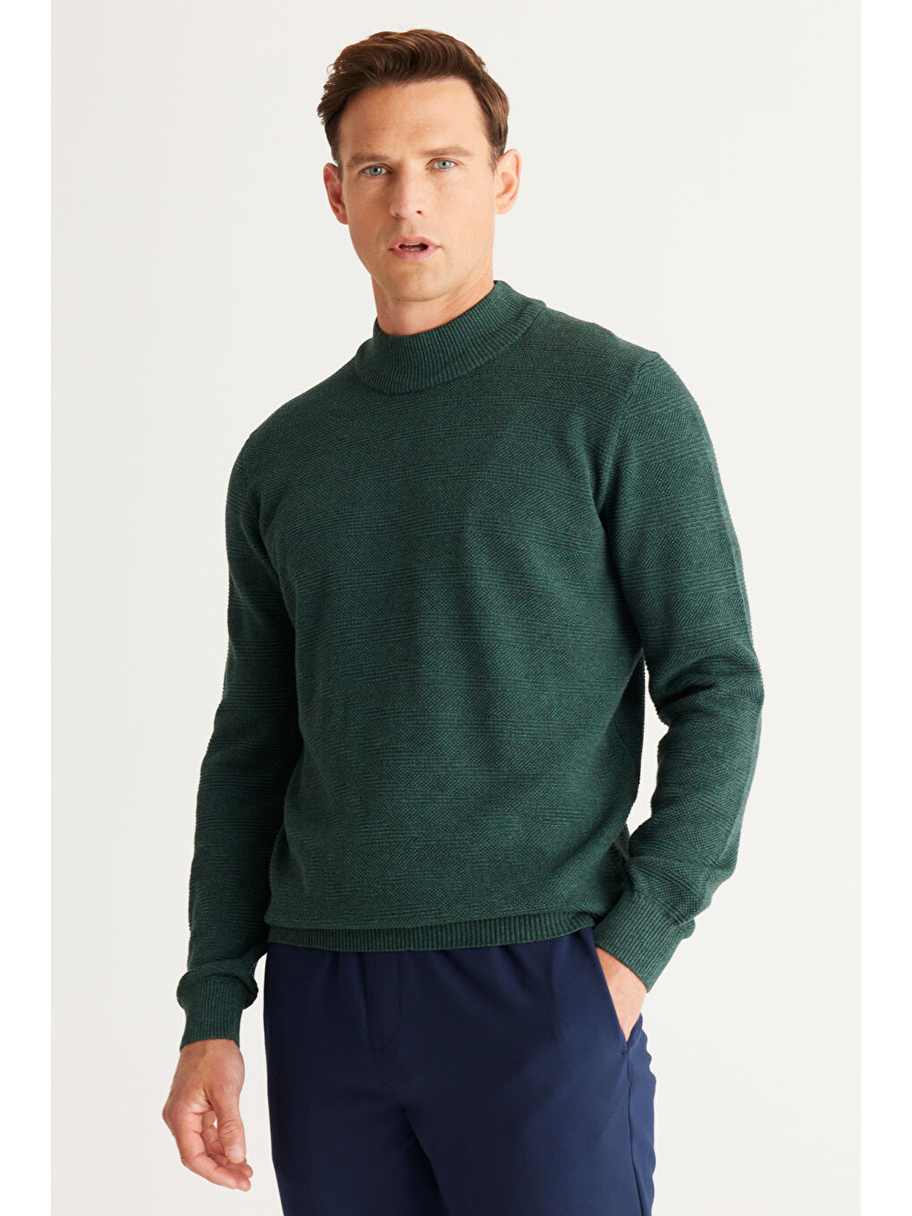 Erkek Yeşil Recycle Standart Fit Normal Kesim Yarım Balıkçı Yaka Pamuklu Jakarlı Triko Kazak-2