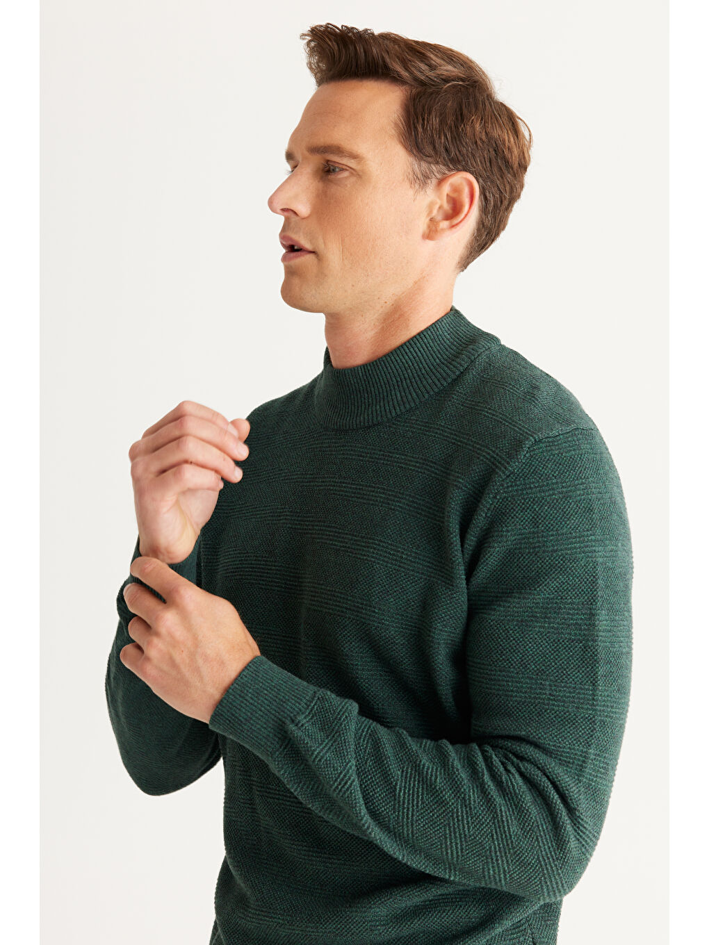 Erkek Yeşil Recycle Standart Fit Normal Kesim Yarım Balıkçı Yaka Pamuklu Jakarlı Triko Kazak-3