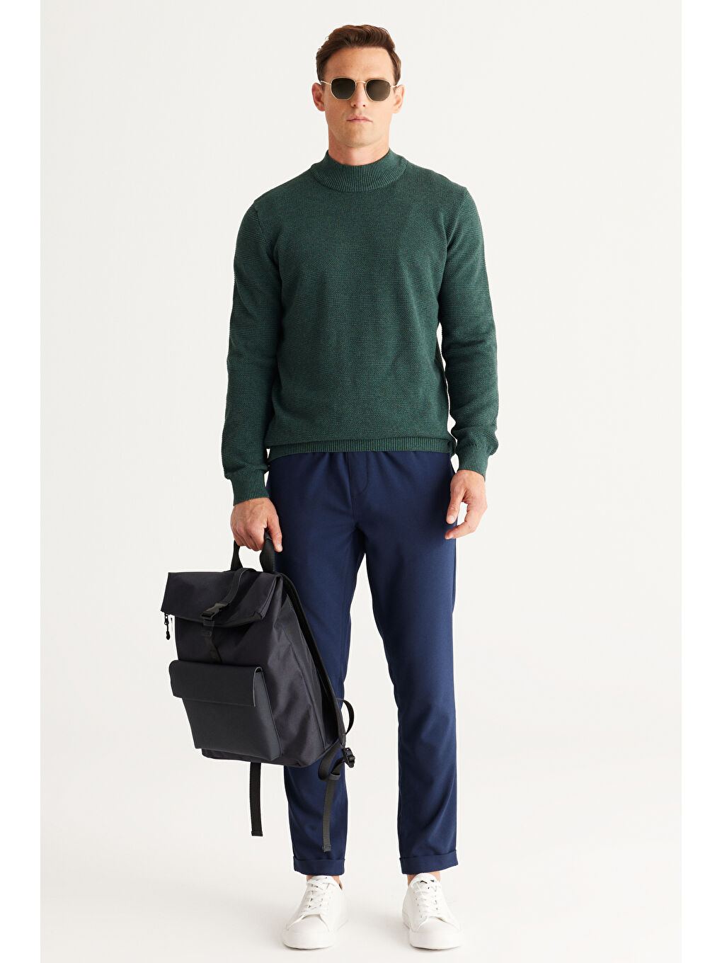 Erkek Yeşil Recycle Standart Fit Normal Kesim Yarım Balıkçı Yaka Pamuklu Jakarlı Triko Kazak-4