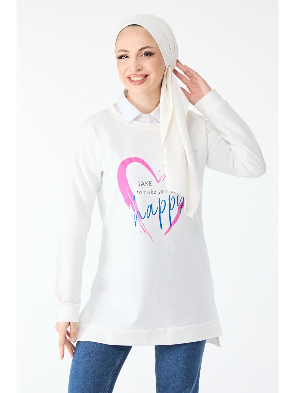 Bisiklet Yaka Kadın Beyaz Baskılı Uzun Kollu Sweatshirt - 24421