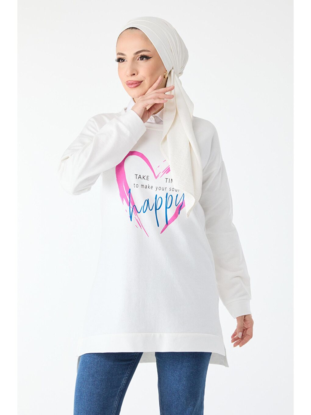 Bisiklet Yaka Kadın Beyaz Baskılı Uzun Kollu Sweatshirt - 24421-1