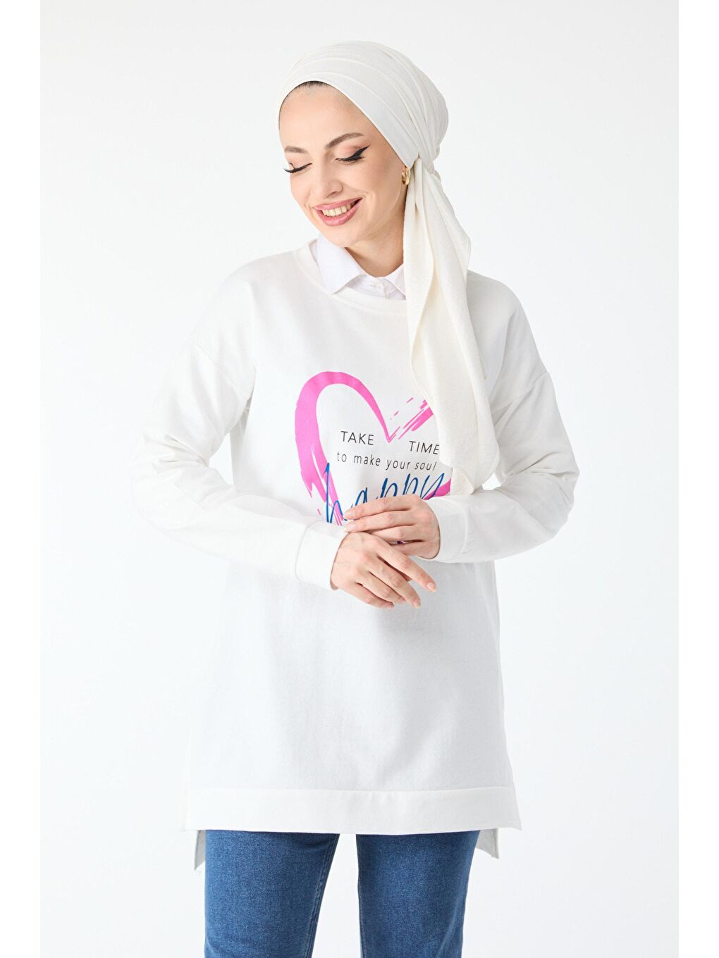 Bisiklet Yaka Kadın Beyaz Baskılı Uzun Kollu Sweatshirt - 24421-3